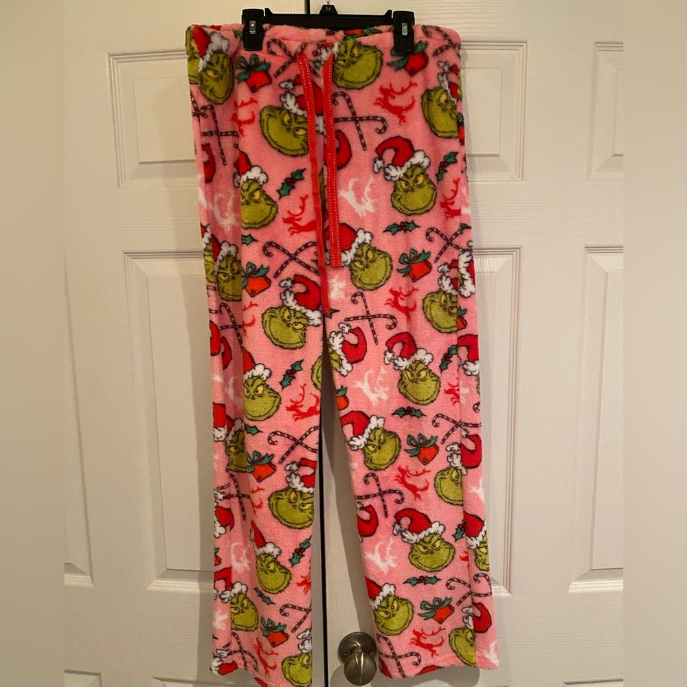 Womens Grinch Santa Hat Pajama Pants sz L plush Christmas